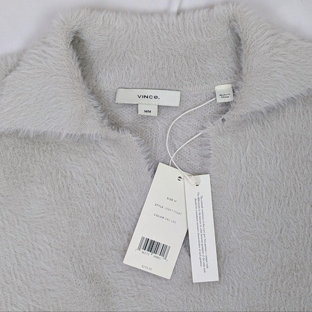 Vince Eyelash Polo Sweater Long Sleeve Soft FuzzyTexture Light Birch Stone M NWT - Picture 14 of 14